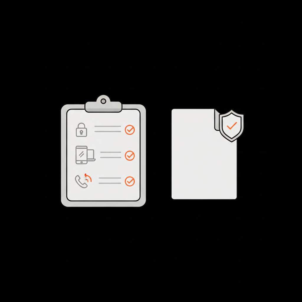 Minimal 2D vector checklist on black background showing clipboard with checked items, MBOX file icon and shield — recover deleted gmail account