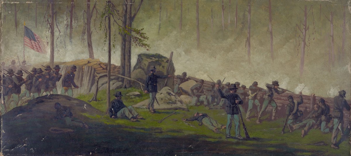 Scene behind the breastworks on Culps Hill morning of July 3rd 1862 1870 1884