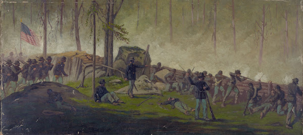 Scene behind the breastworks on Culps Hill morning of July 3rd 1862 1870 1884