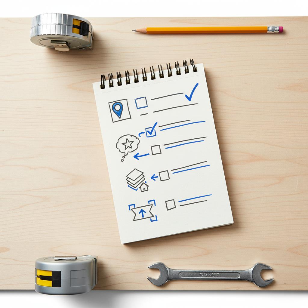 Close-up wooden workbench with open notebook of hand-drawn icons for Google Business, Reviews, Local Pages and Ads in brand colors, illustrating how do you advertise yourself as a contractor?