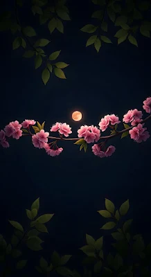 Pink Cherry Blossoms Branch Under Full Moon at Night