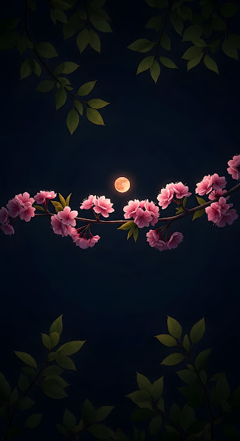 Pink Cherry Blossoms Branch Under Full Moon at Night - Free mobile Wallpaper