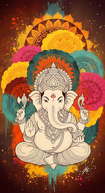 Line Art Ganesha with Vibrant Mandala Background - Free mobile Wallpaper