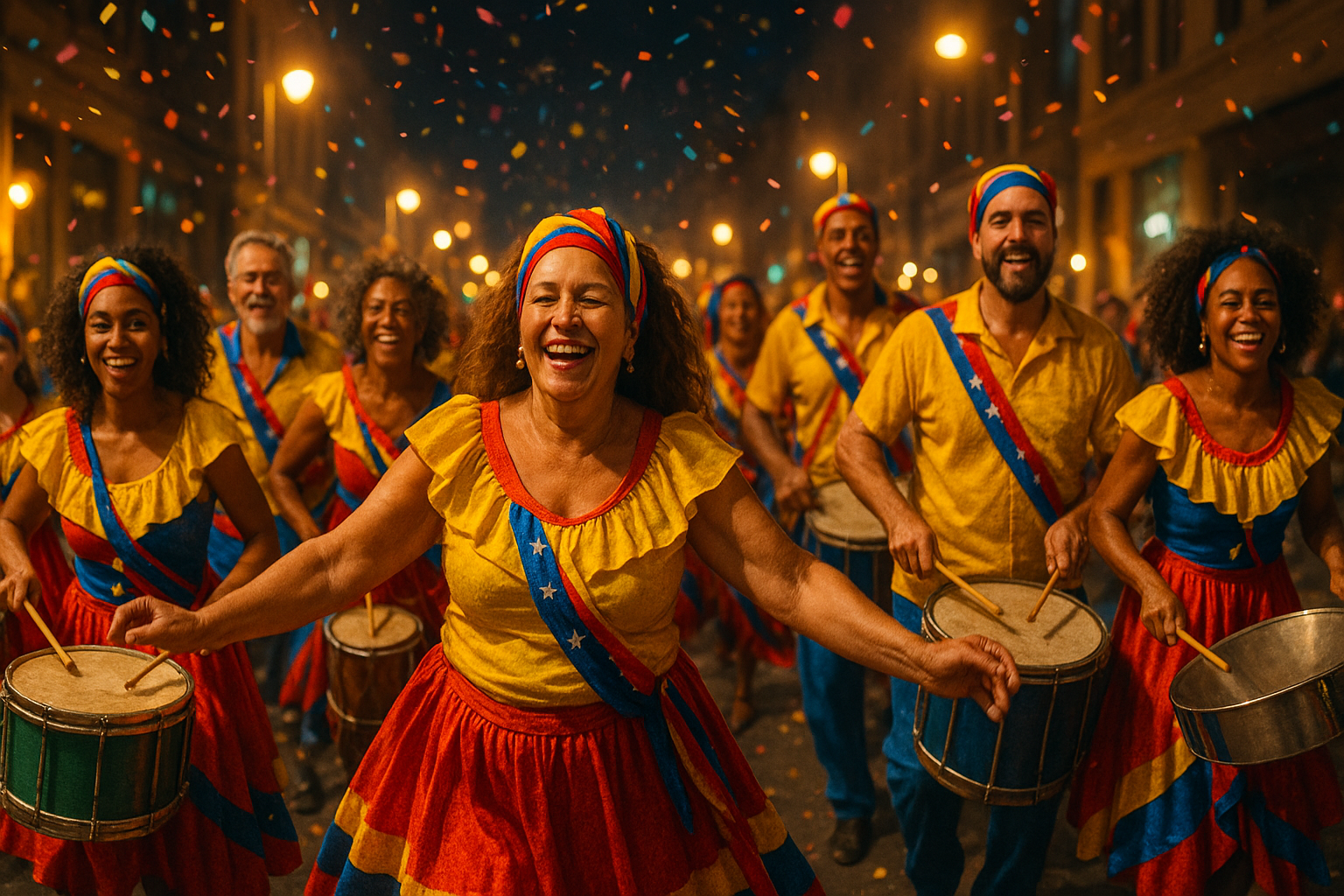 Comparsa de carnaval con colores de Venezuela bailando en una calle iluminada