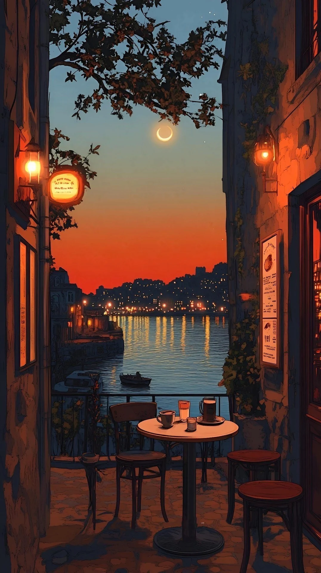 Cozy Cafe Balcony Sunset View Over Illuminated Harbor - Free 4K mobile Wallpaper