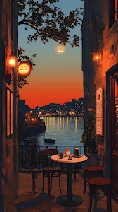 Cozy Cafe Balcony Sunset View Over Illuminated Harbor