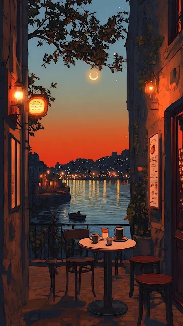 Cozy Cafe Balcony Sunset View Over Illuminated Harbor