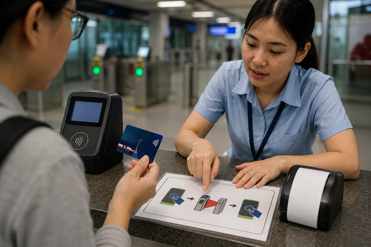 Nhân viên kiểm tra số dư và lịch sử chạm của thẻ giao thông