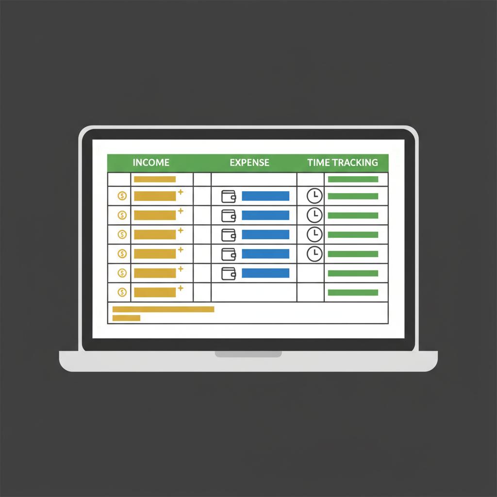 Minimal 2D vector laptop showing a tidy spreadsheet with income expense and time tracking columns for second income ideas, clean green white and gold brand palette