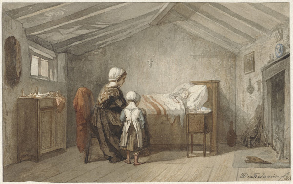Moeder en dochter bij het ziekbed van een kind 1862