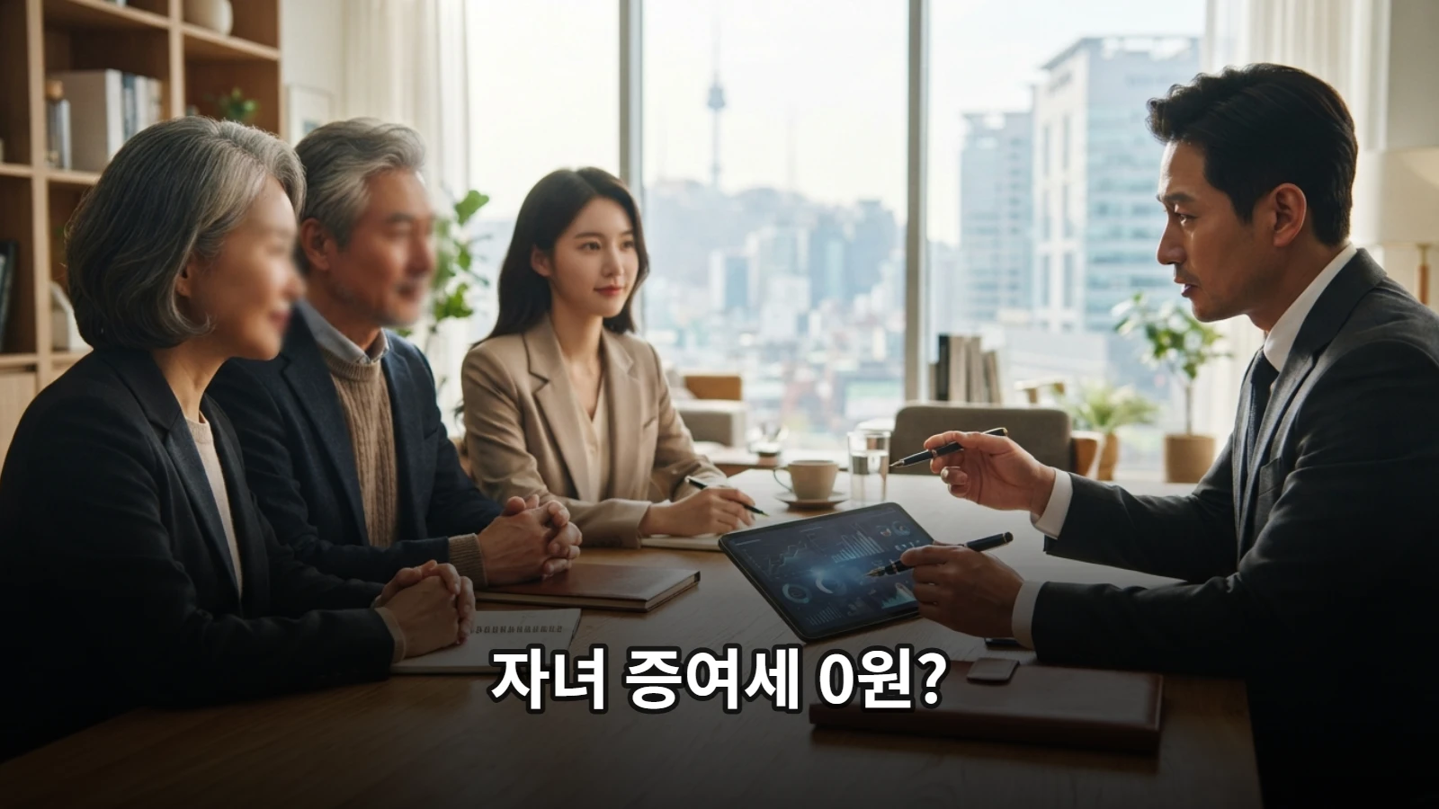 부모와 성인 자녀가 세무 전문가와 함께 증여 계획과 공제 한도를 검토하는 상담 모습
