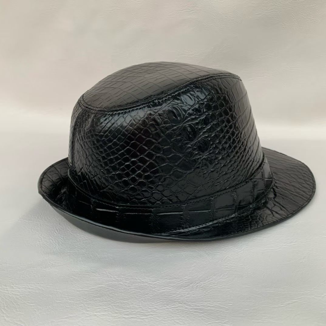 black genuine alligator leather fedora hat with structured crown and medium brim - detail 1.2