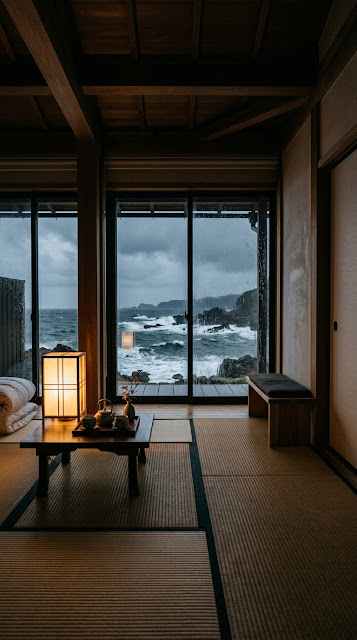 Japanese Tatami Room Stormy Ocean View Wallpaper - Free mobile Wallpaper