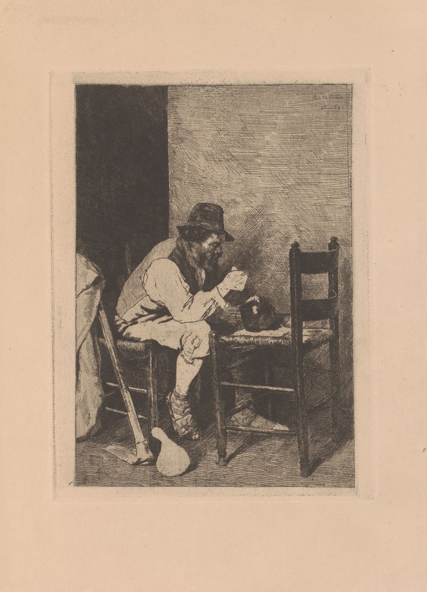 Man met hoed eet uit een ketel op een stoel 1891