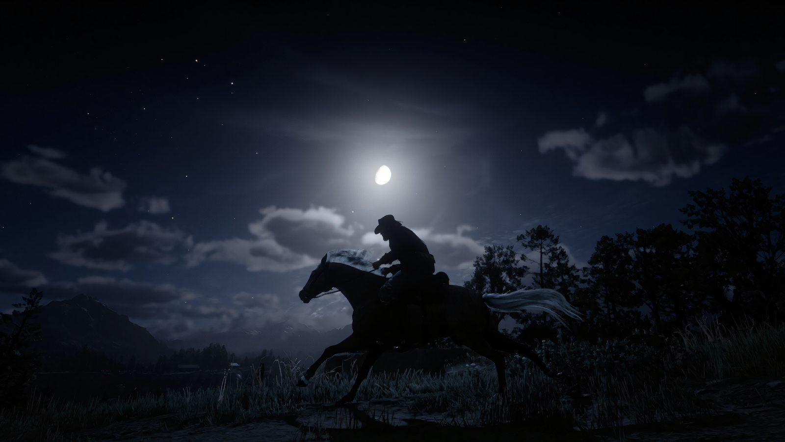 Arthur Morgan Riding At Night - Video Game Photography 4K Wallpaper (3840x2160)