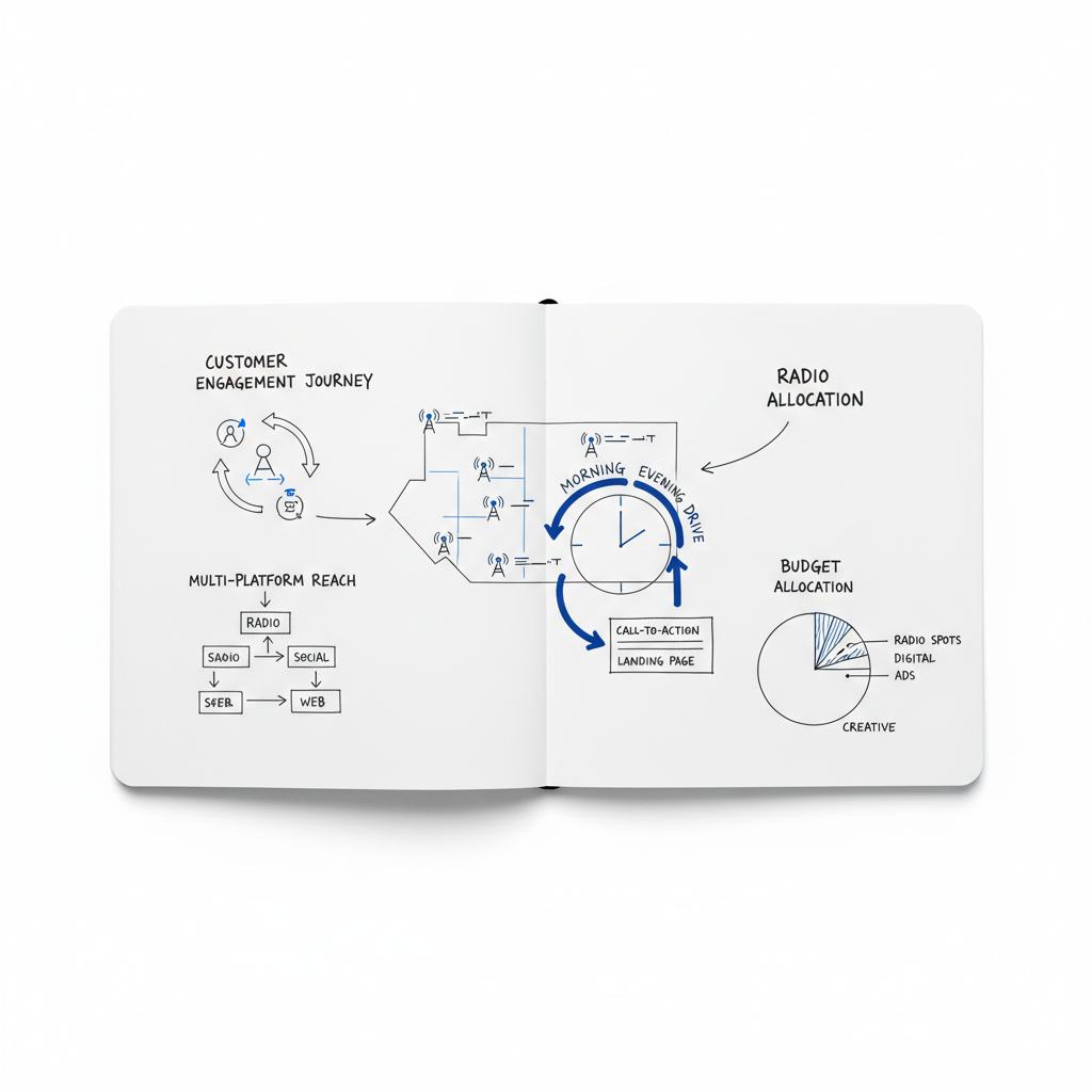Close-up notebook sketch of a local market map with radio station callouts, dayparts, drive-time arrows and a small landing-page wireframe &mdash; are radio ads effective