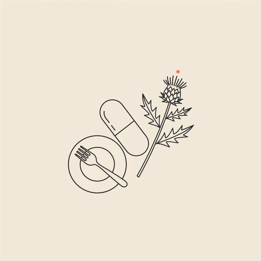 Minimal Tonum-style line illustration of a capsule, milk thistle sprig and plate with fork representing what pills can I take to curb my appetite?