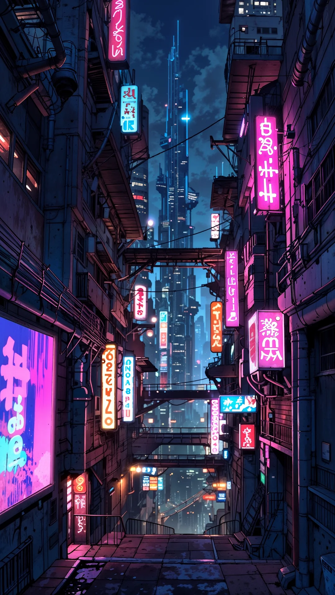 Neon Cyberpunk Alley with Glowing Signs - Free 4K mobile Wallpaper