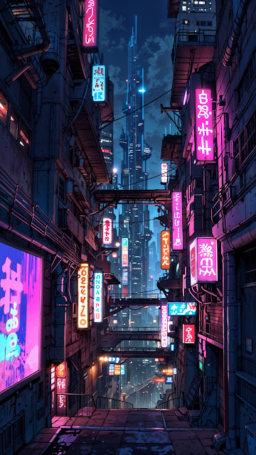 Neon Cyberpunk Alley with Glowing Signs - Free mobile Wallpaper