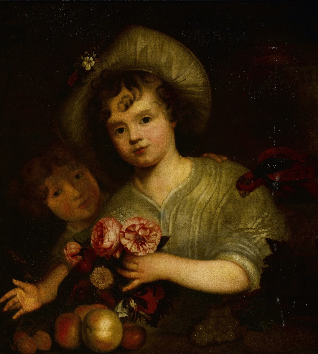Children with Flowers Fruit and a Parrot