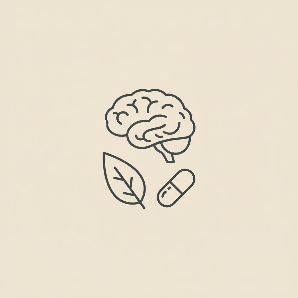Minimal Tonum-style line illustration of a brain, leaf, and capsule on a beige background (#F2E5D5), representing Alzheimer's disease and natural oral supplementation.