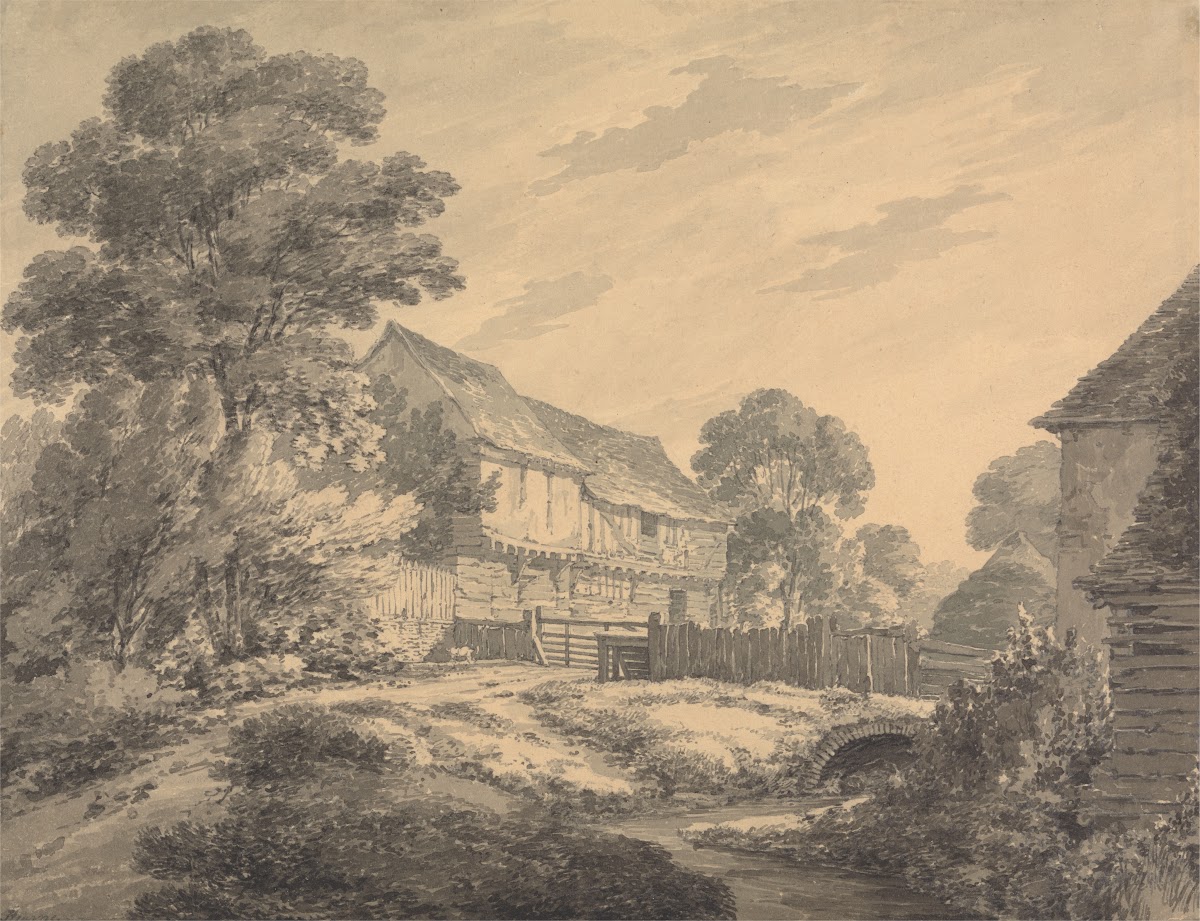 Farmhouse and Buildings by a Stream