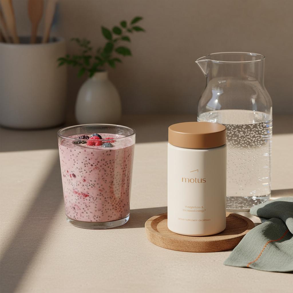 Minimalist kitchen scene with a chia-and-berry protein-fiber smoothie in a clear glass beside the Tonum Motus supplement container and a carafe of sparkling water — best drink to curb your appetite