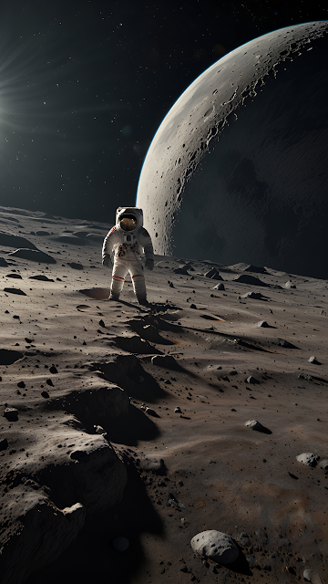 Astronaut Standing on Moon Surface Giant Planet View - Free mobile Wallpaper