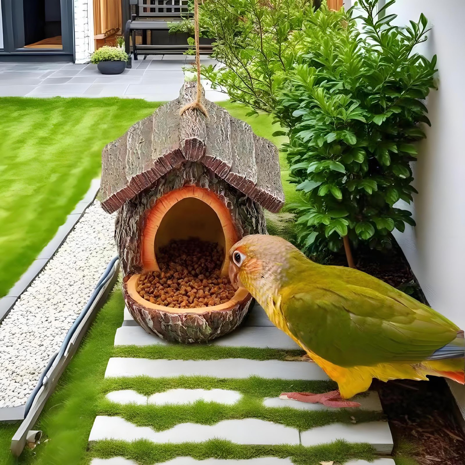 Decorative birdhouse designed to look like a tree stump made from resin