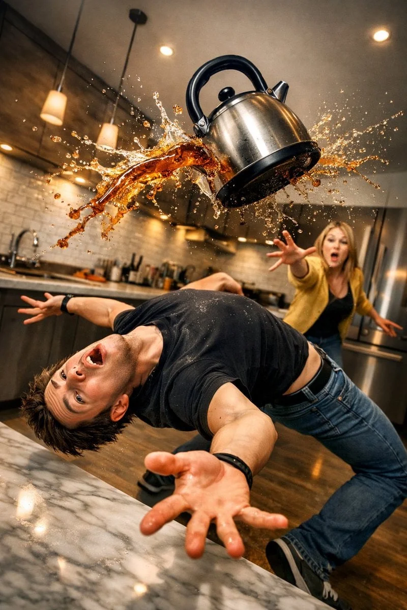 Escena cómica surrealista dentro de una cocina moderna: un joven se inclina hacia atrás en una pose de esquiva extrema, acrobática...