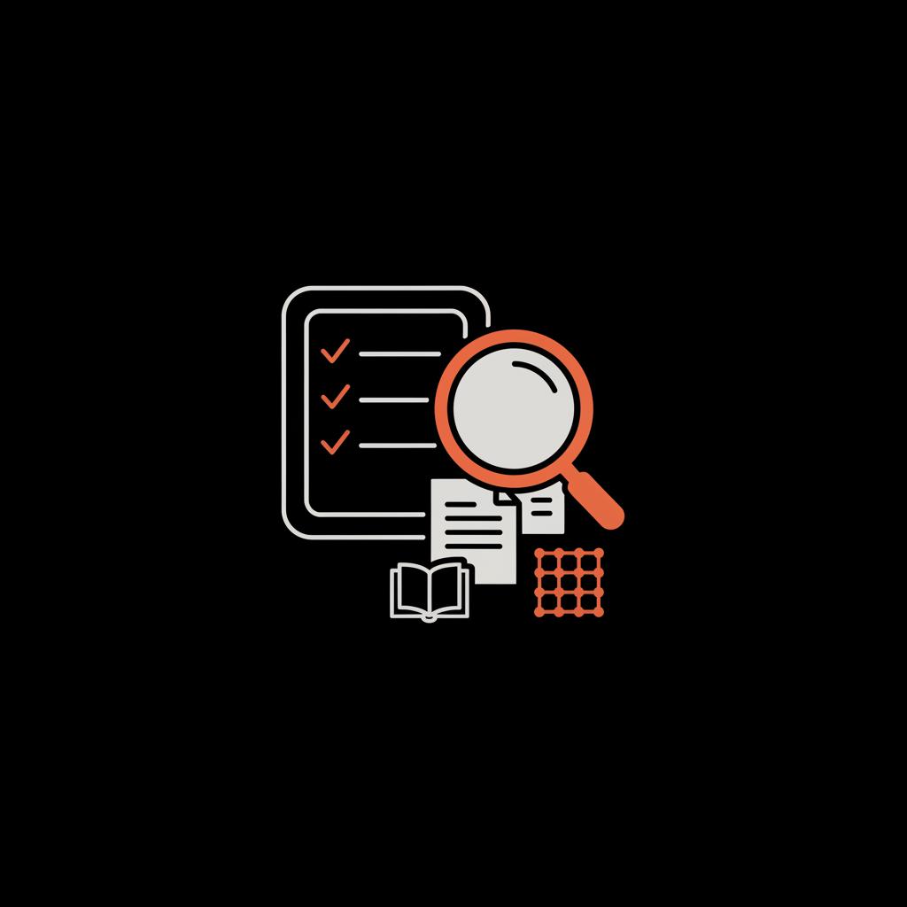 Minimal 2D vector infographic of a checklist and magnifying glass inspecting documents and references for a Wikipedia page, black background with light text and orange accents.
