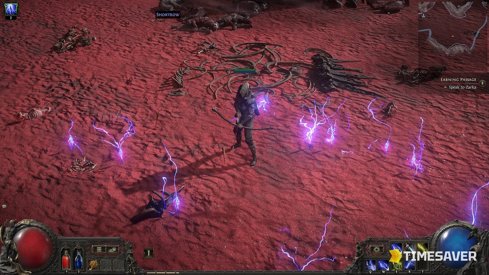 PoE2 bow Deadeye loosing lightning arrows and arcing shock across a blood-red field packed with enemies, patch 0.5.4