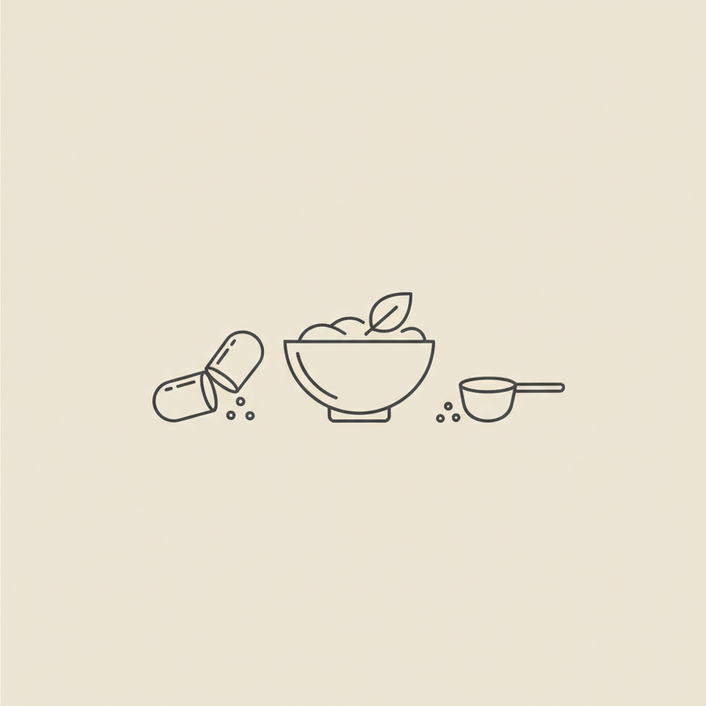 Minimalist vector line illustration of a protein bowl, open capsule, and measuring scoop on beige background for protein for weight loss