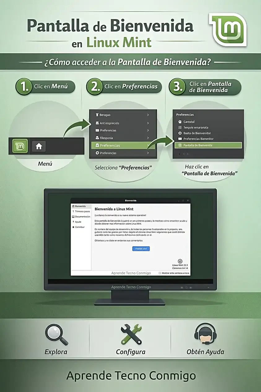 Infografía: Cómo acceder a la Pantalla de Bienvenida de Linux Mint en 3 pasos: Menú, Preferencias y Pantalla de Bienvenida.