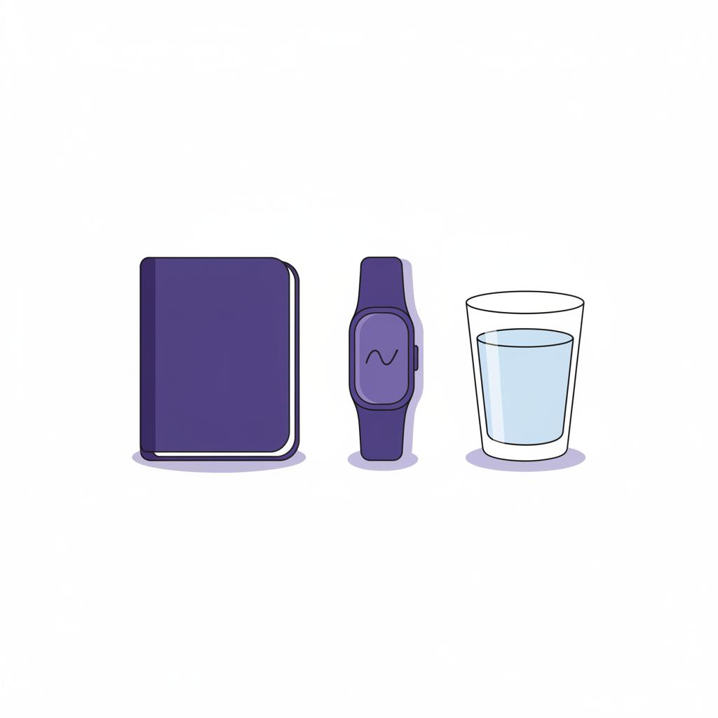 Minimalist 2D vector of a sleep diary notebook beside a wearable sleep tracker and glass of water on white background representing bedtime hygiene and non invasive tracking