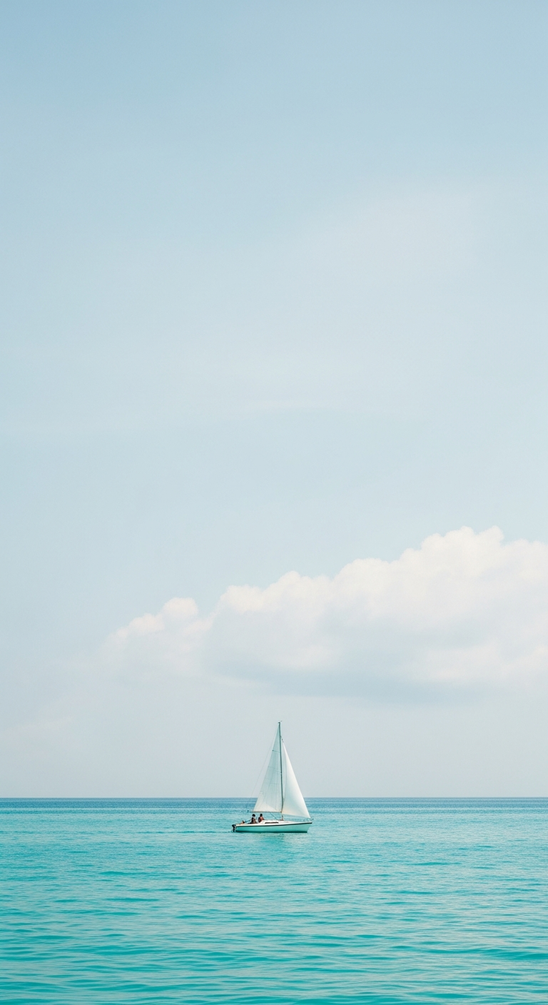 Minimalist Photograph of a White Sailboat on a Calm Turquoise Ocean Under a Soft Sky - Free 4K mobile Wallpaper