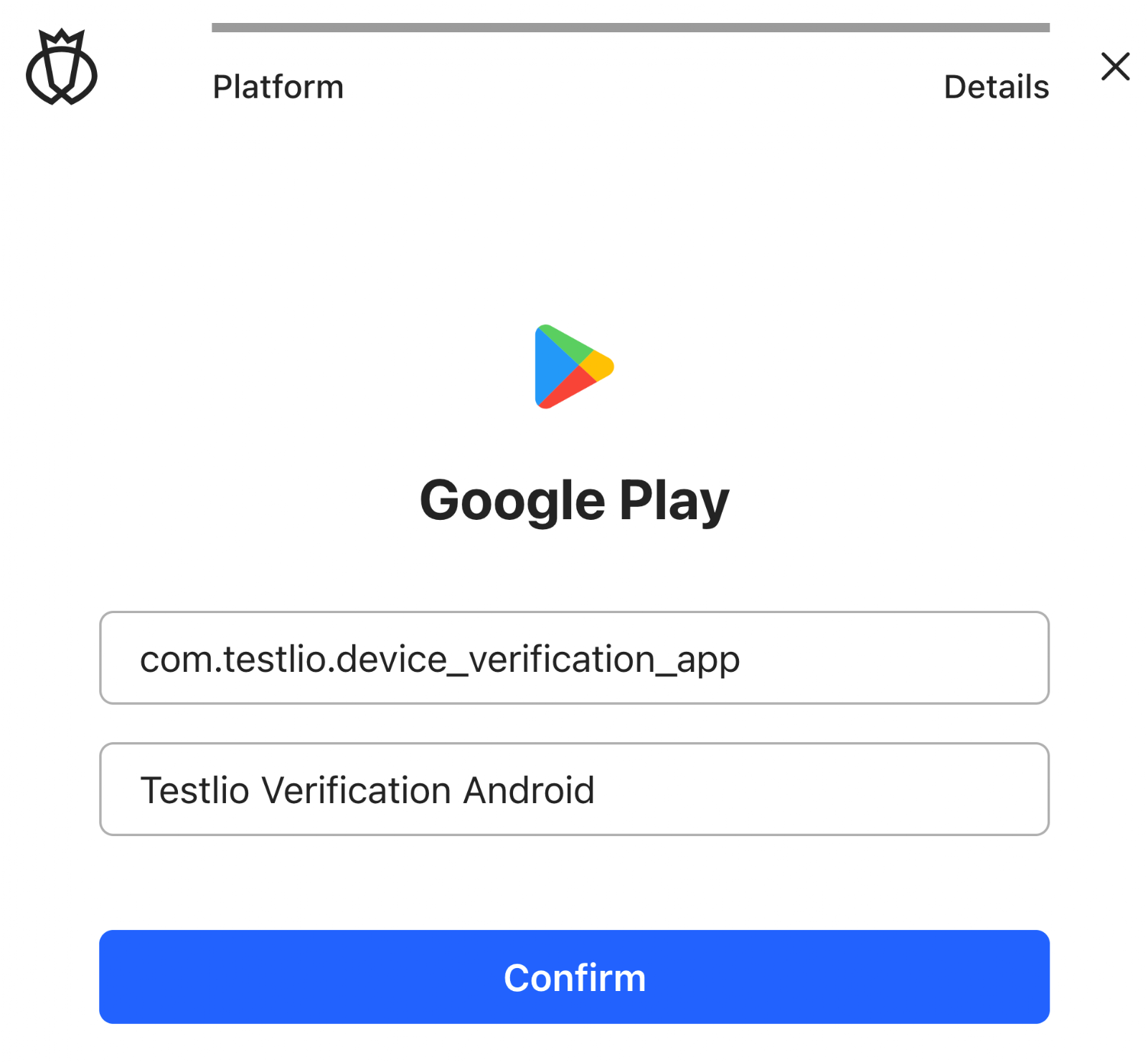 The details for Google Play filled in with an app ID of 'com.testlio.device_verification_app' and a name of 'Testlio Verification Android'.