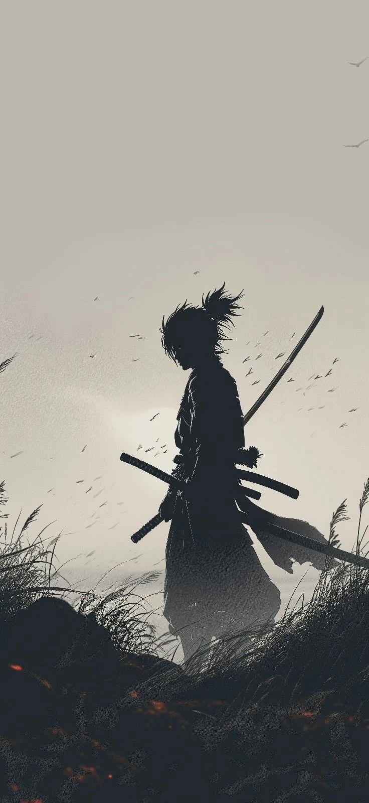 Lone Samurai in Windy Field - Digital Silhouette Art iPhone Wallpaper (736x1600)
