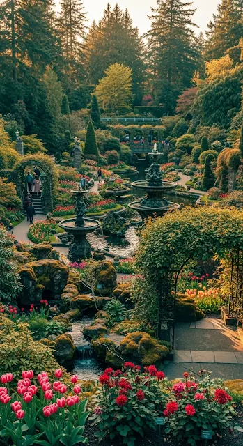 Victorian Formal Garden Fountains Spring Bloom