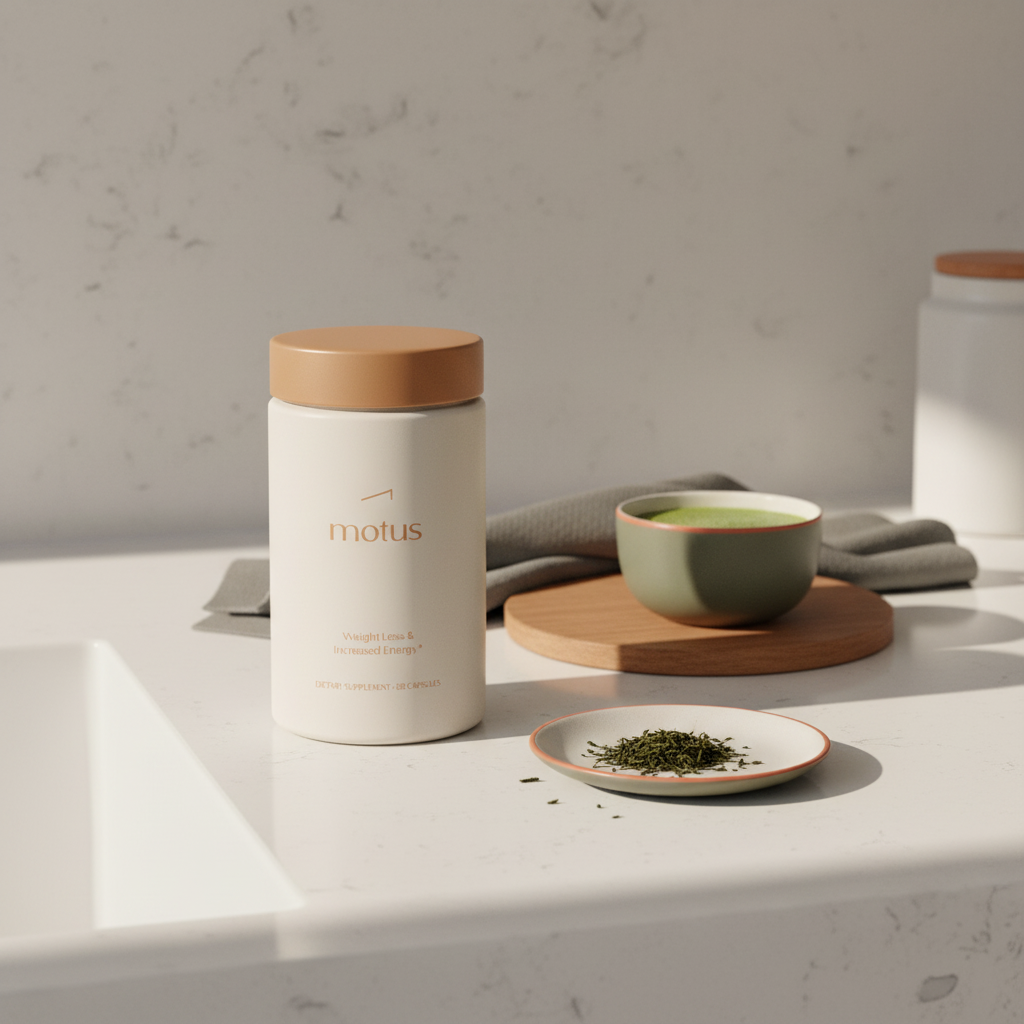 Tonum Motus jar beside a cup of matcha and a saucer of loose green tea leaves on a minimalist kitchen counter — does green tea burn belly fat