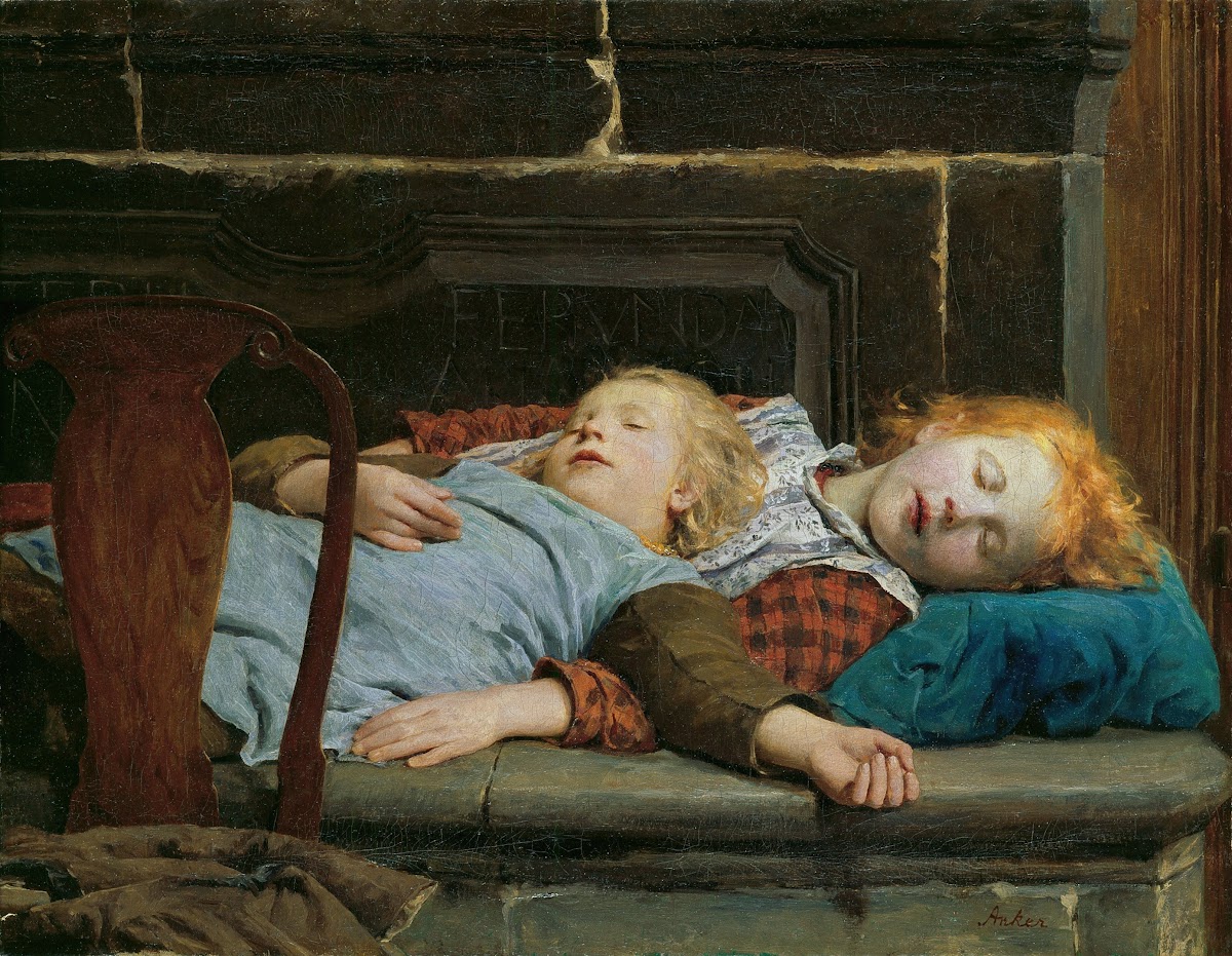 Two sleeping girls on the stove bench 1895