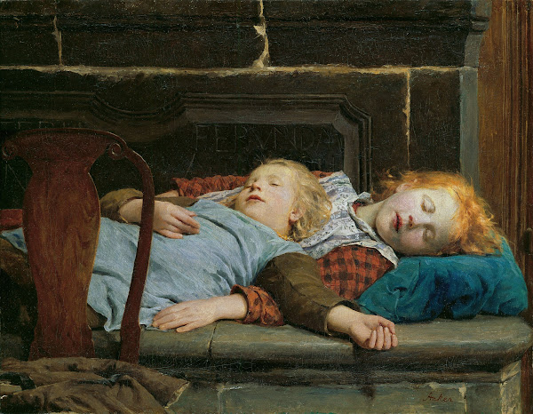 Two sleeping girls on the stove bench 1895