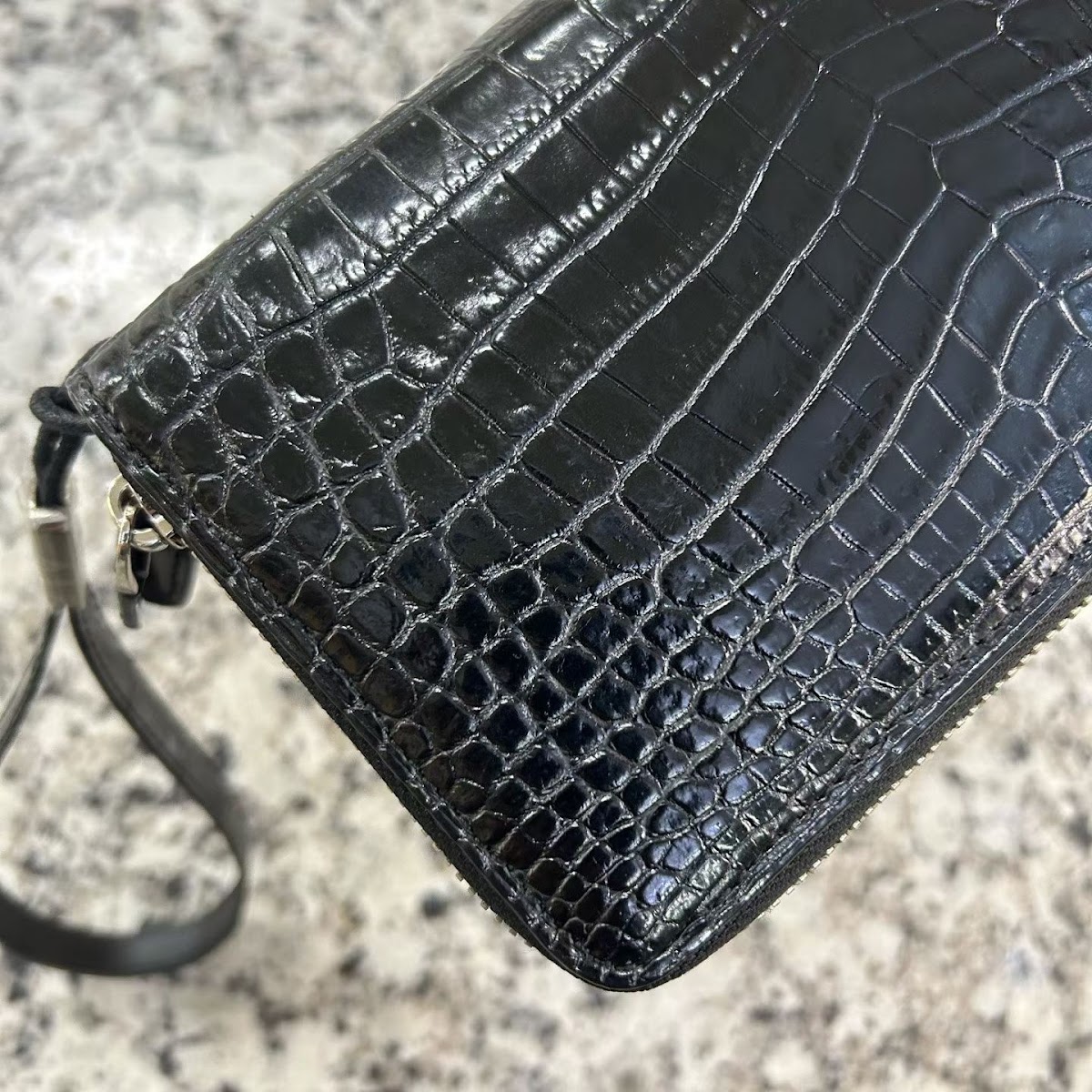 black genuine alligator leather double-zip clutch bag for men with glossy finish and wrist strap - detail 4.1
