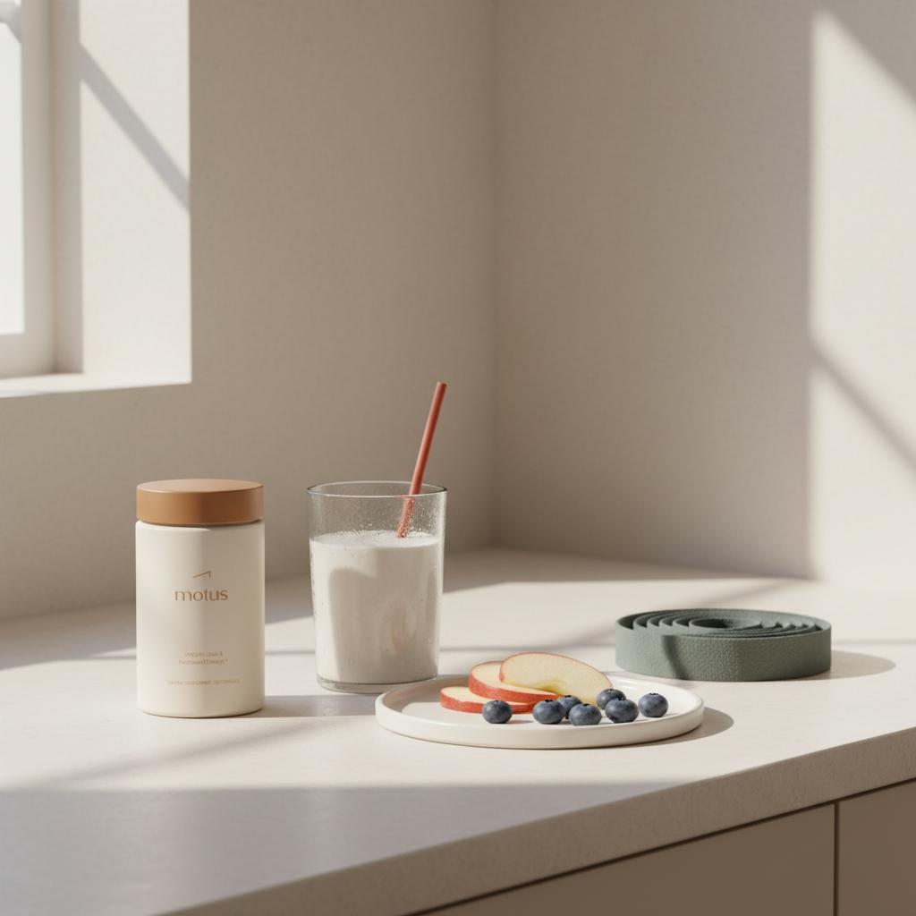 Minimalist kitchen counter with Tonum Motus supplement jar beside a protein-carbohydrate shake, fruit plate, and resistance band, representing post-workout routine — best time to take L-carnitine