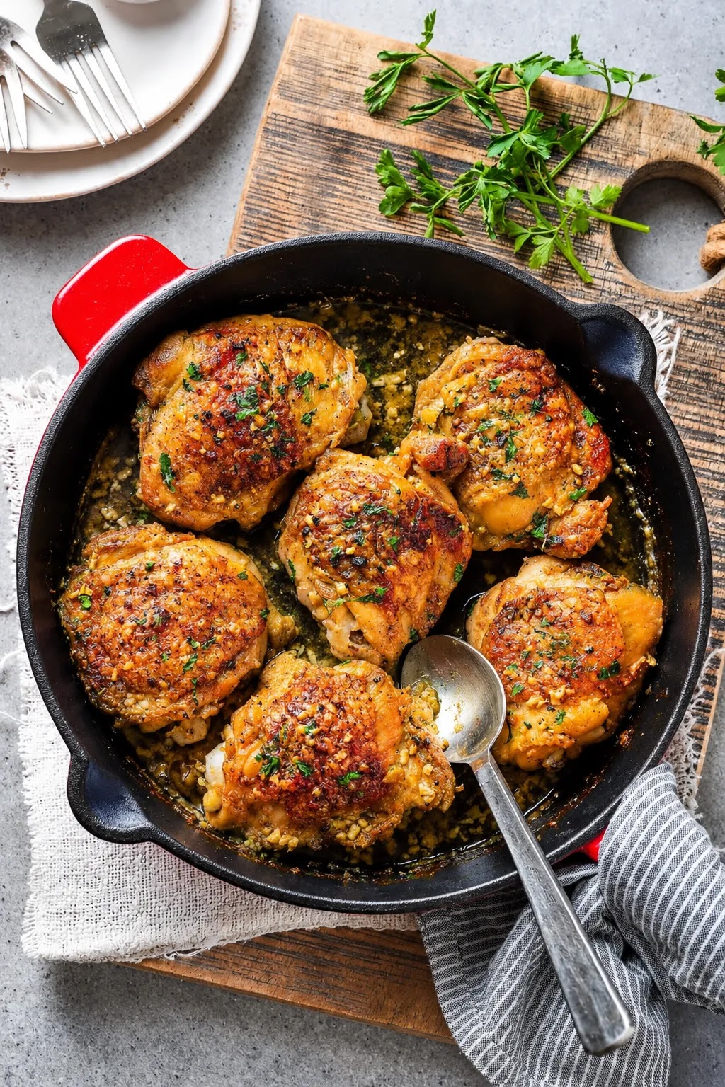 Sizzling crispy chicken thighs in a black cast iron skillet garnished with lemons and rosemary