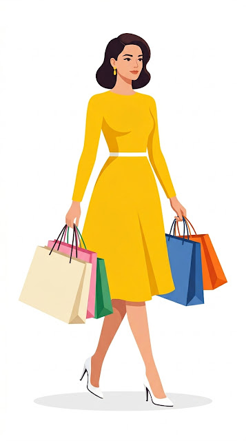Fashion Illustration Of A Woman Shopping In A Yellow Dress - Free mobile Wallpaper