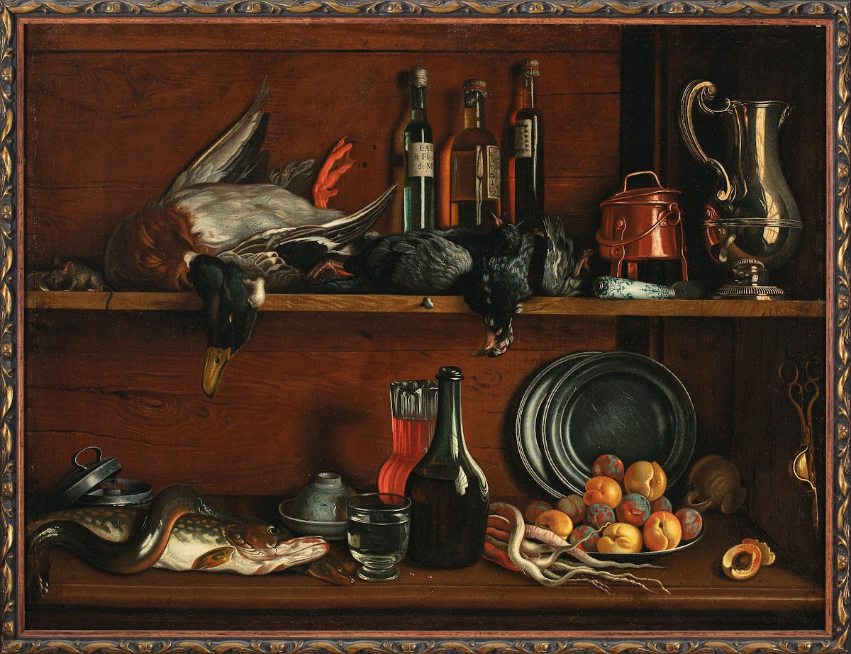 Trompe loeil  cabinet in the pantry with wild fowls fish and fruit
