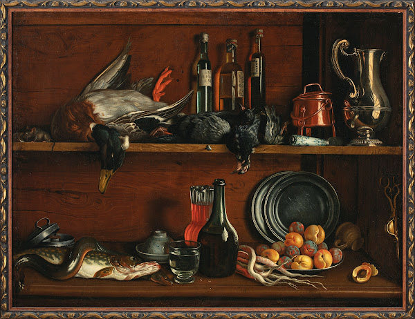 Trompe loeil  cabinet in the pantry with wild fowls fish and fruit
