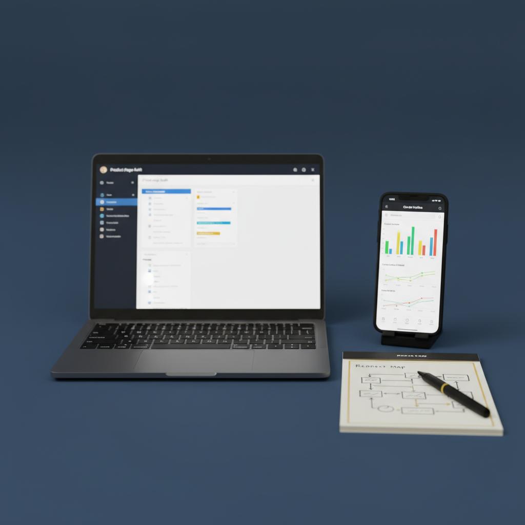 Close-up office desk with laptop showing blurred product page audit dashboard, phone with Core Web Vitals charts, and notepad with redirect map &mdash; best ecommerce platform for seo