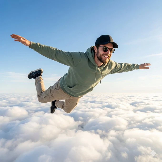 Joven feliz volando sobre las nubes